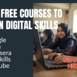 Illustration of Pakistani students learning digital skills through Google Digital Garage, DigiSkills, and Meta Blueprint.