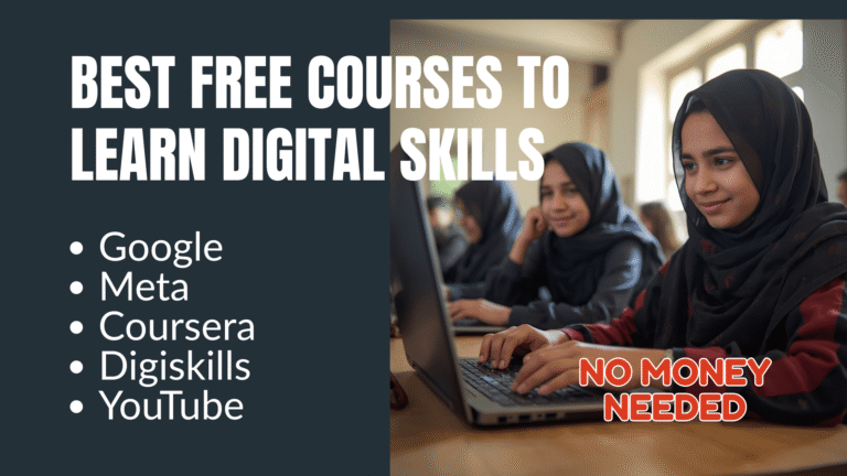 Illustration of Pakistani students learning digital skills through Google Digital Garage, DigiSkills, and Meta Blueprint.