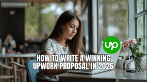 A girl using her laptop her room and writing a winning Upwork proposal.