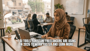 Girl using AI for he works at co-working space