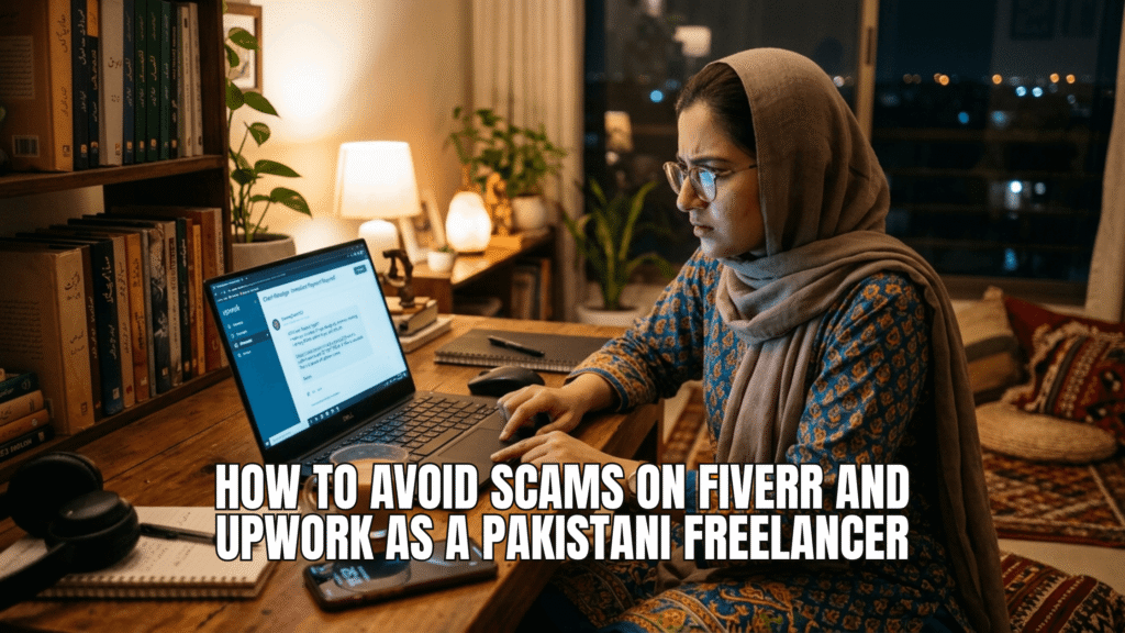 Pakistani freelancer checking a suspicious client message on laptop