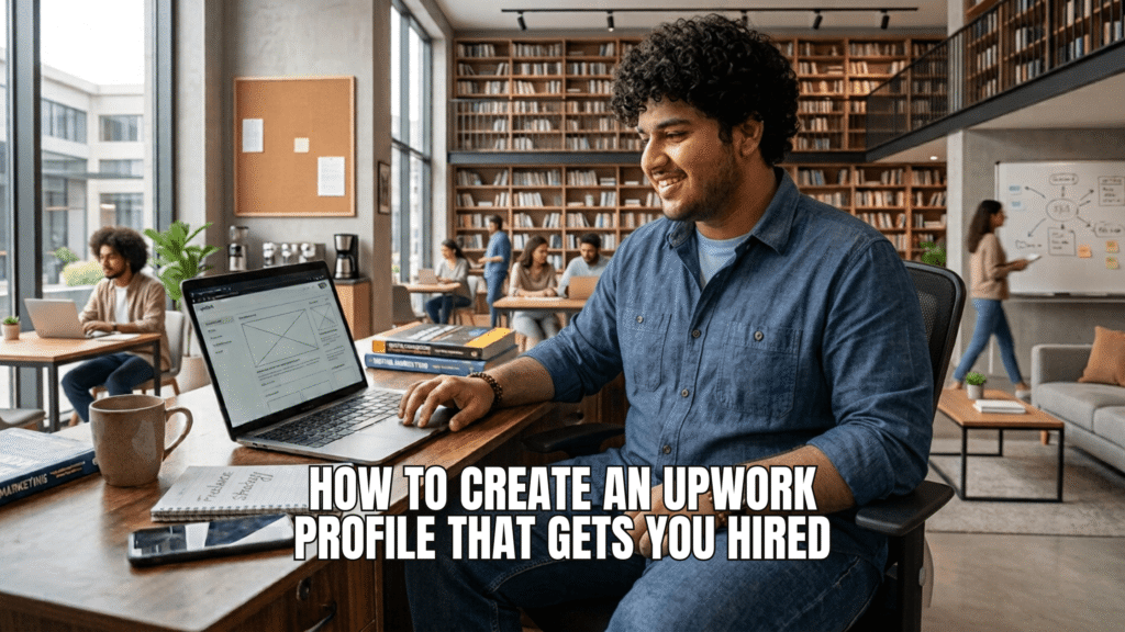 Boy creating upwork profile at co-working space