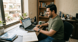 Pakistani boy working to build his LinkedIn profile for remote job