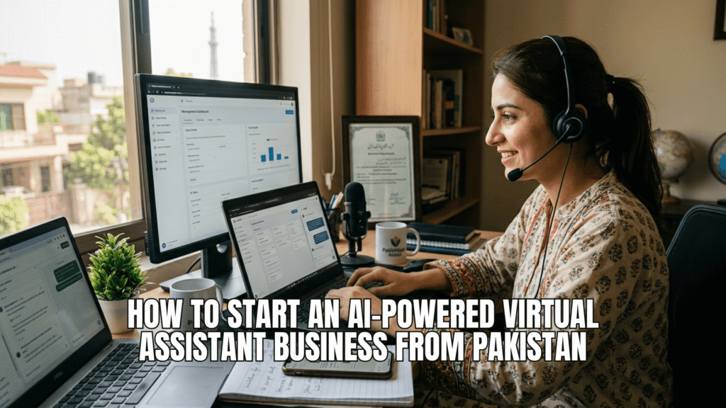 Girl working as Virtual Assistant whiling sitting at her home. AI-Powered.