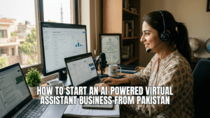 Girl working as Virtual Assistant whiling sitting at her home. AI-Powered.