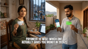 Girl and boy both showing their payoneer and wise card in the picture