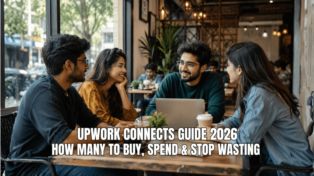 Young adults discussing on Upwork connects at cafe shop