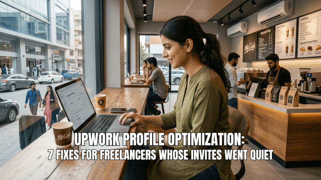 A girl optimising her upwork profile at cafe