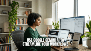 Girl working on AI project on her home office.