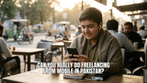 A young boy using his phone for freelancing at local tea stall