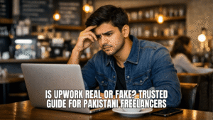 Young boy sitting worried in coffee shop. Thinking about Upwork